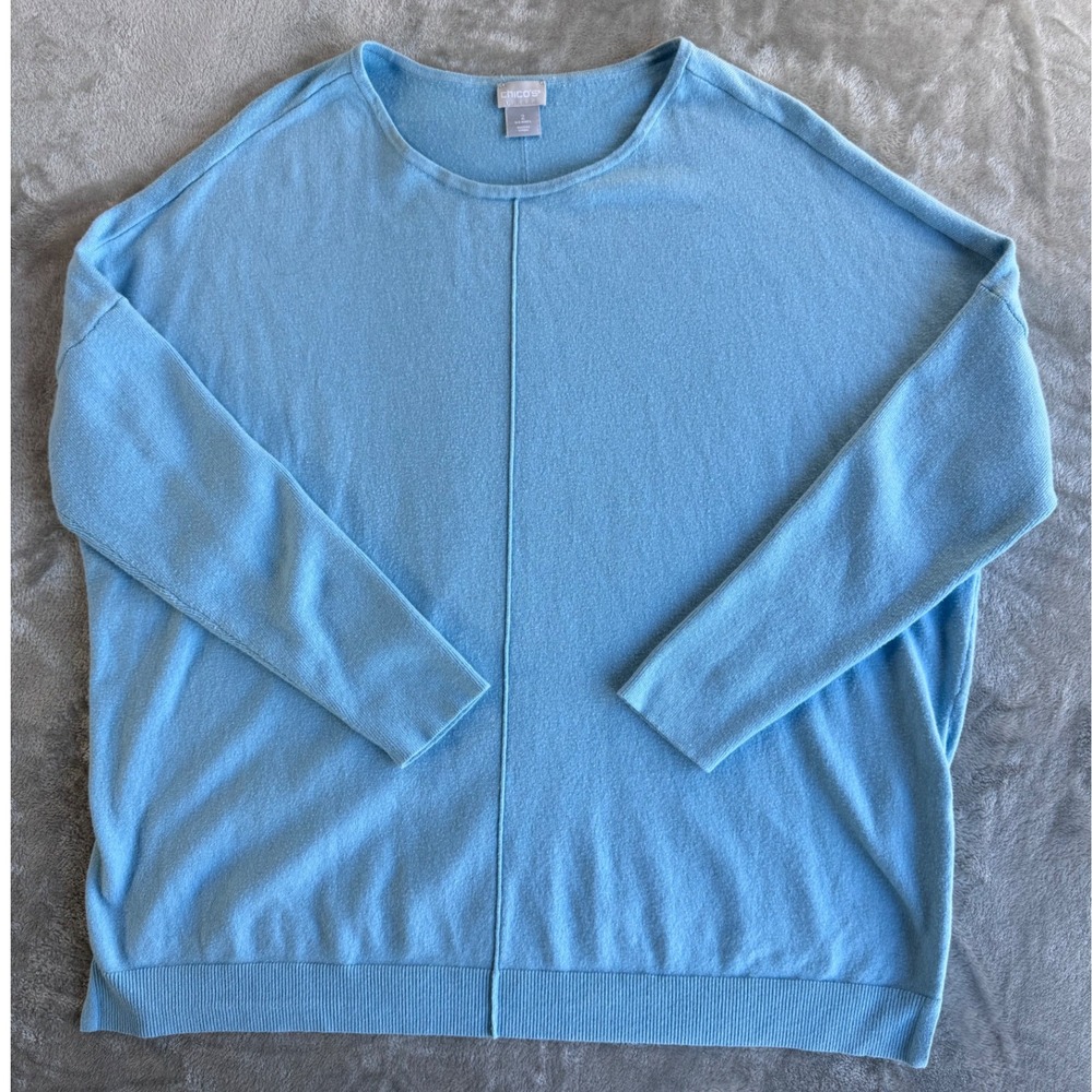 Chicos Sweater Womens Size 2 Blue Cashmere‎ Blend Lightweight Minimalist Knit